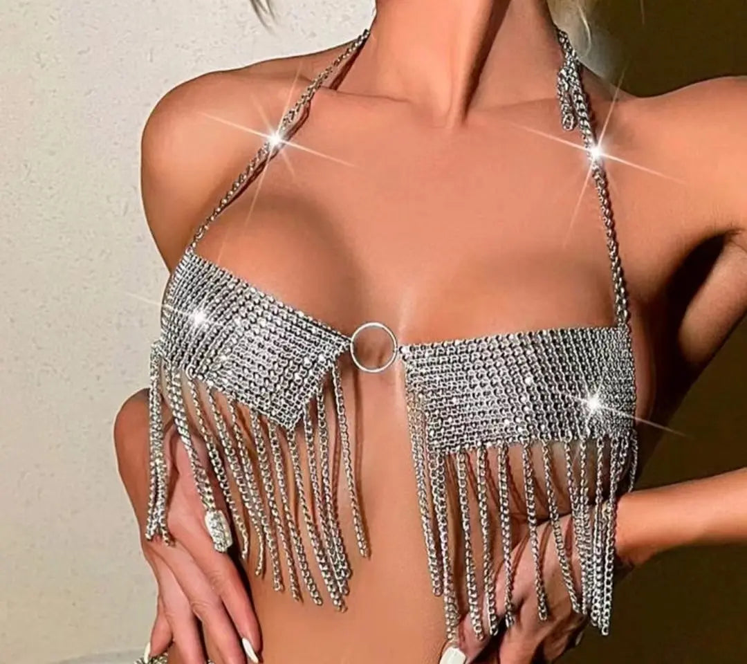 Hot selling rhinestone inlaid with diamond fabric tassel chain sexy outerwear halter top and ultra short vest skirt suit