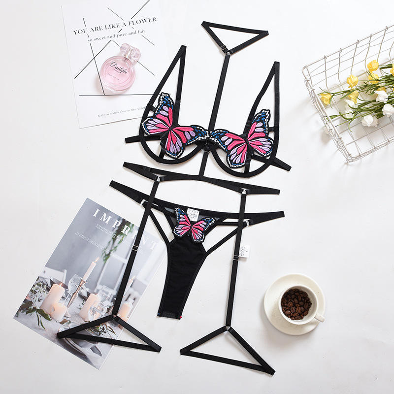 Bossman 2022 newest design mature women butterfly embroidery 2 piece garter lingerie set