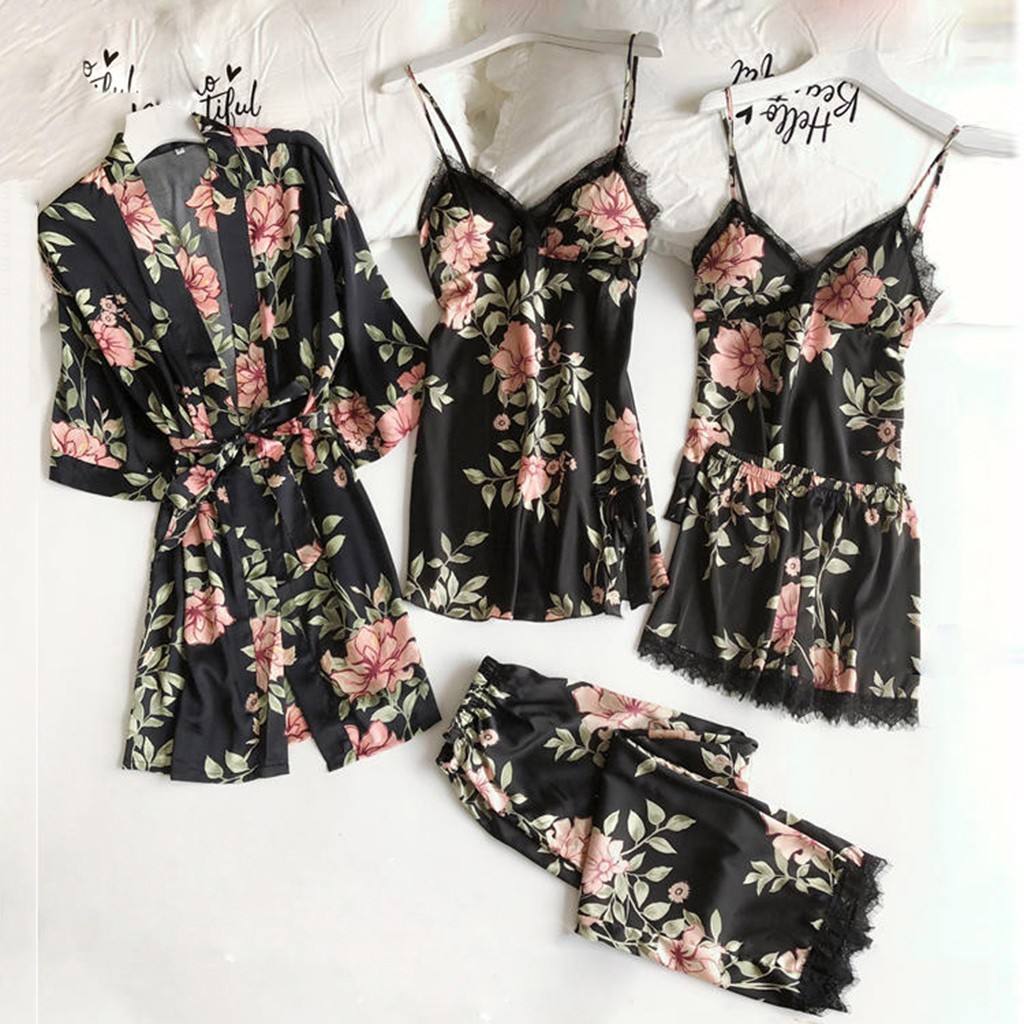 Bossman Female short sleeve sleepwear Five piece set satin nightgown night rob nightwear Pajamas Set women's sexy underwear