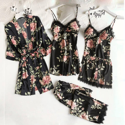 Bossman Female short sleeve sleepwear Five piece set satin nightgown night rob nightwear Pajamas Set women's sexy underwear