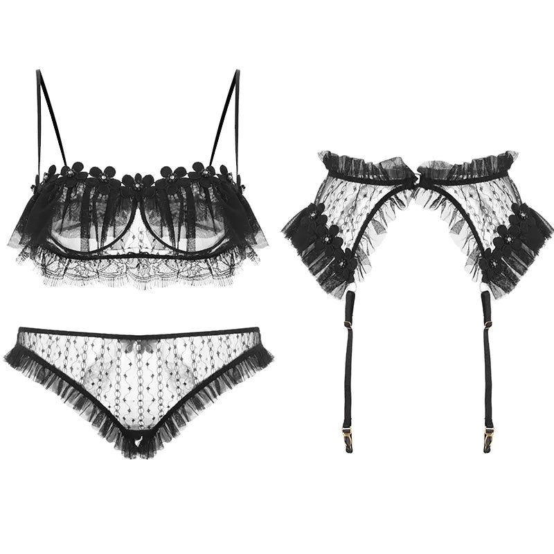 Bossman Euro America Hot Sexy Lingerie Women Transparent Lace Mesh Floral Three Point Bra Garter Underwear 3 Piece Lingerie Set