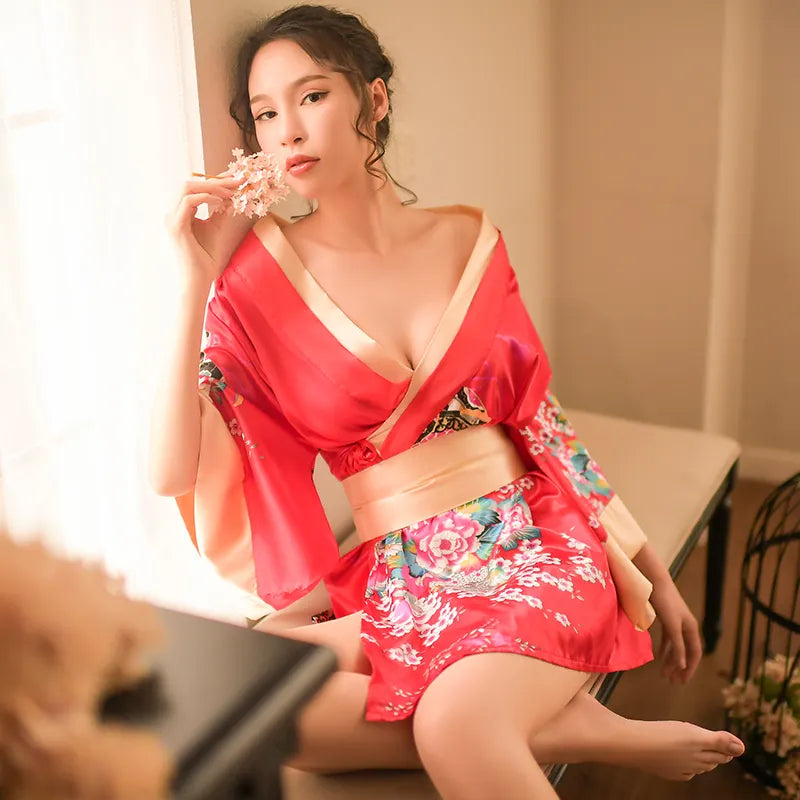 Bossman Wholesale Japanese Kimono Cherry Blossom Women Bathrobe Sexy Sleepwear Night Robe Set