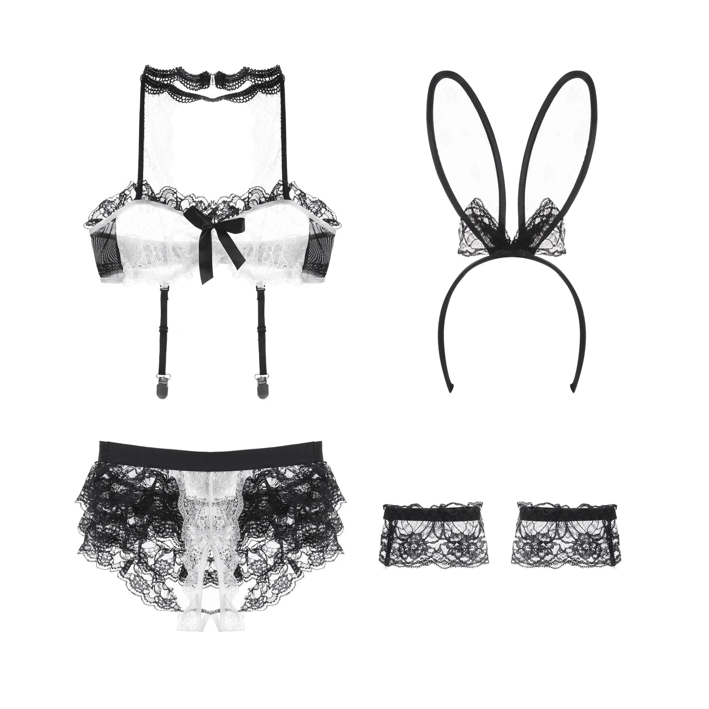 Bossman Wholesale Novelty Sexy Costumes Women Cosplay Bunny Girls Lace Bra And Crotchless Panties Lingerie Set