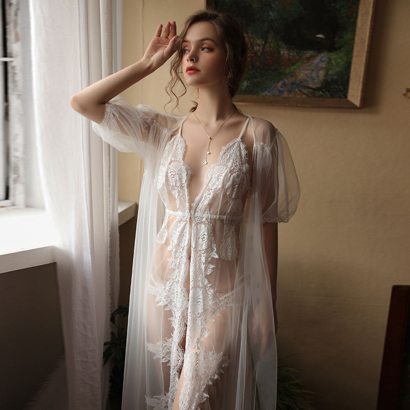 Bossman Bridal Night Dress Lace Babydoll Sexy Exotic Nightgown Open Front See Through Sexy Lingerie Babydoll with Sheer Robe