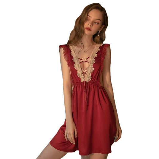 Bossman high quality sexy lace halter nightdress with V neck and hollow tie lingeries