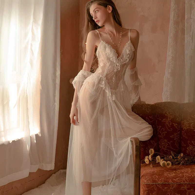 Bossm hot sale pure bridal honeymoon set sexy sheer lace robe with long lace backless dress lingeries womens sexy underwear
