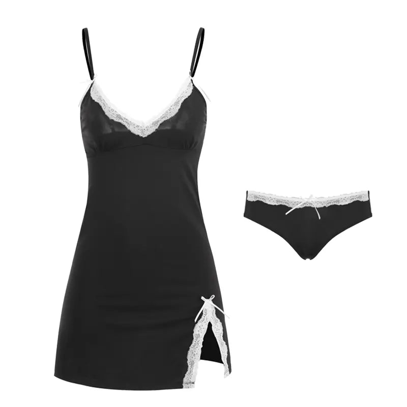 Bossman China Wholesale Women Sleepwear Cotton Deep V Padded Bra Lace Trim Side Split Chemise & Panties Set Nighties