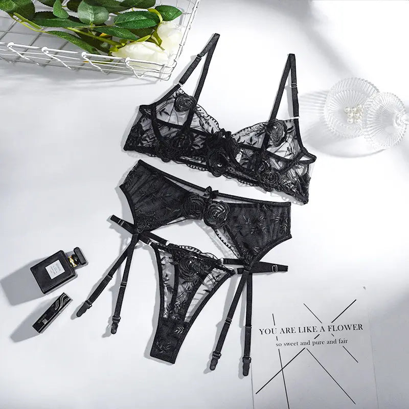 BOSSMAN Embroidery Sexy Lingerie Floral Bra Underwear Women 3 PieceTransparent Lace Erotic Lingerie Set