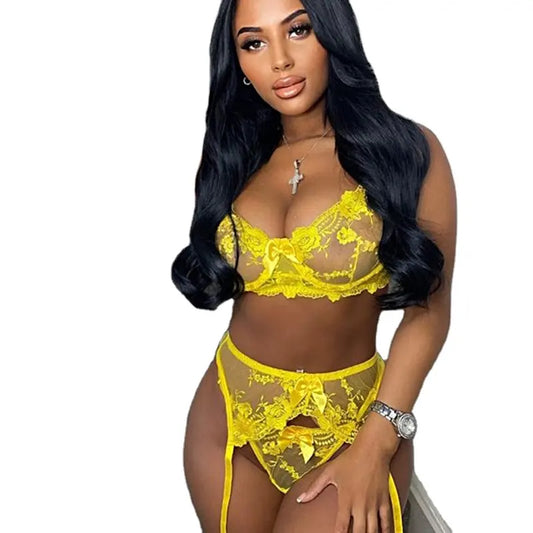 BOSSMAN Embroidery Sexy Lingerie Floral Bra Underwear Women 3 PieceTransparent Lace Erotic Lingerie Set