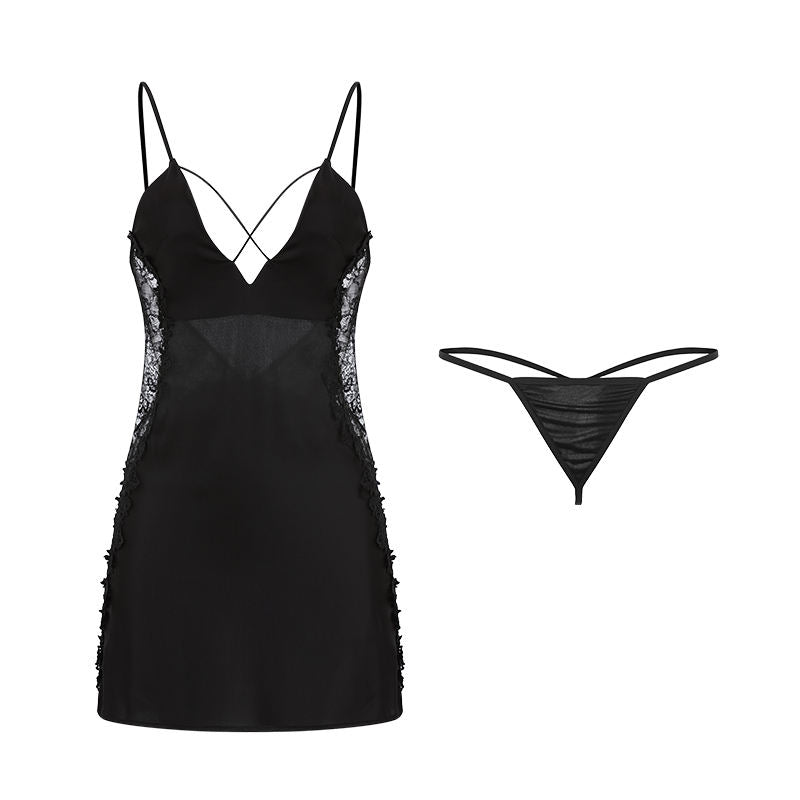 Bossman China Wholesale Women Imitated Silk Lace Slip Dress Letter Graphic Thong Lounge Wear Set