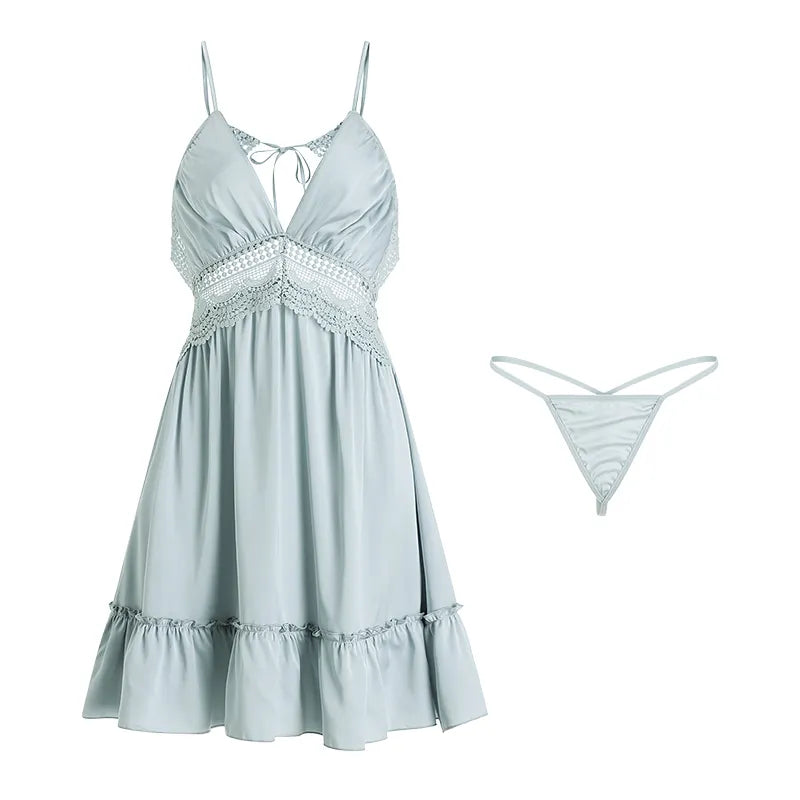 Bossman China Wholesale Women Imitated Silk Lace Slip Dress And Thong Lounge Wear Set