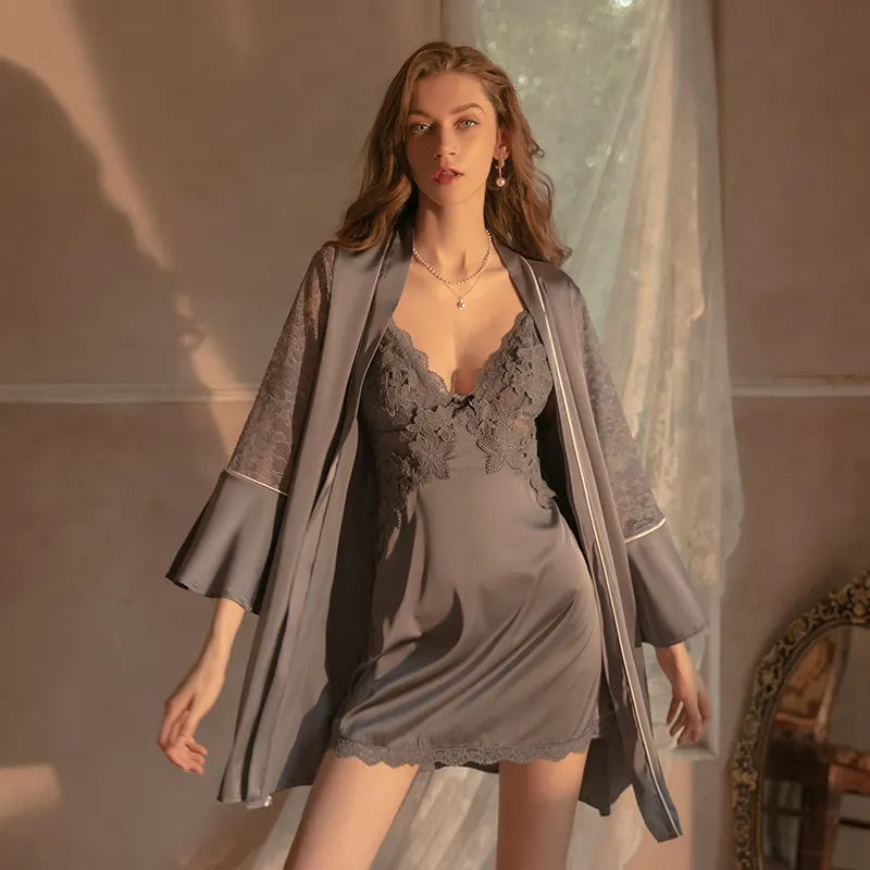 Bossman Women Lace Satin Deep V Slip Night Dress Bathing Robe Lounge Wear Set