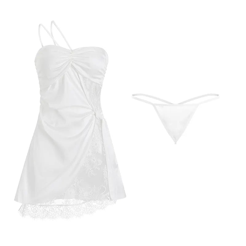 Bossman Gr1211 Sexy Solid One-shoulder Strap Nightgown Women's Silk Patchwork Lace Lounge Wear