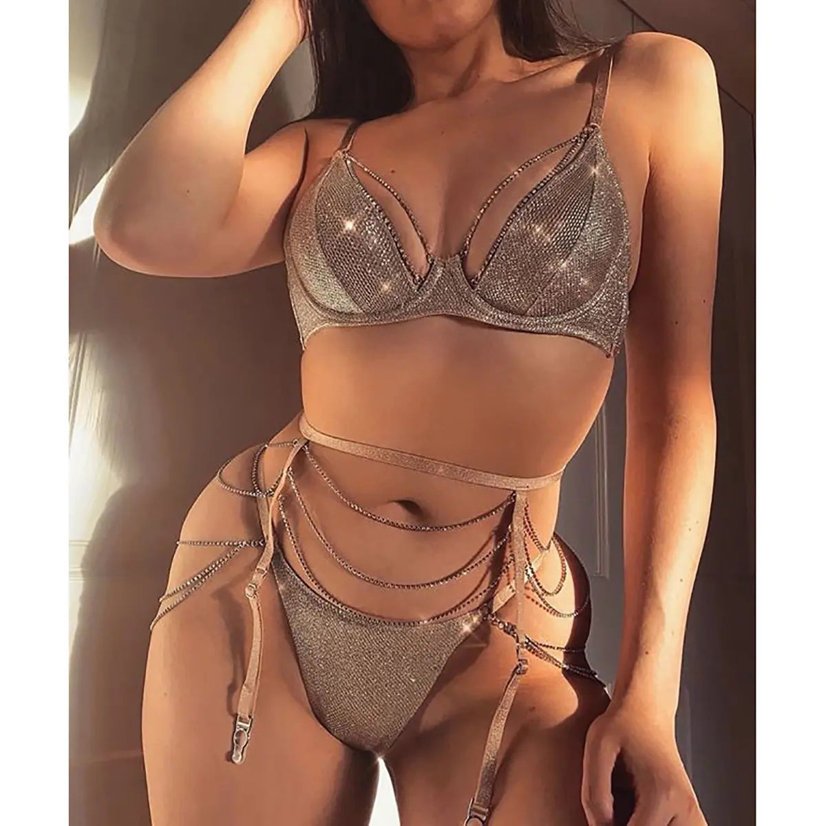 Bossman European station cross border heavy craft sexy appeal steel ring holding chest underwear hot drilling three-piece set