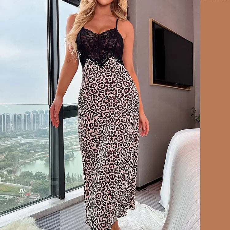 Bossman Sexy women black lace leopard print robe night slip dress long leopard print sexy backless lace up slim midi dress