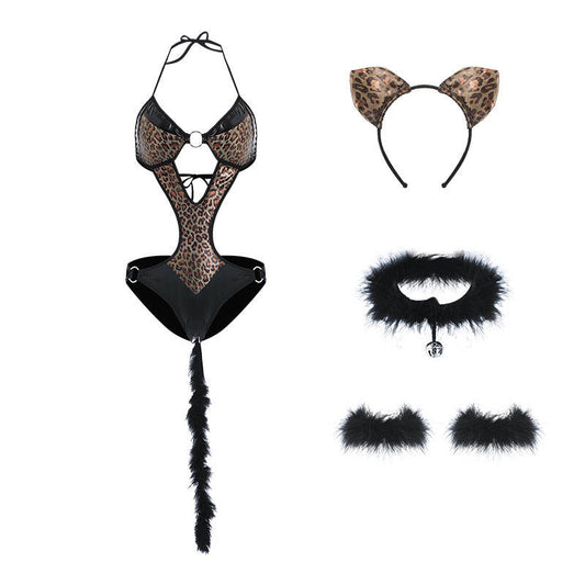 Bossman Leopard Leather Plush Bodysuit Cosplay Pussy Cat Costume latex bodysuit