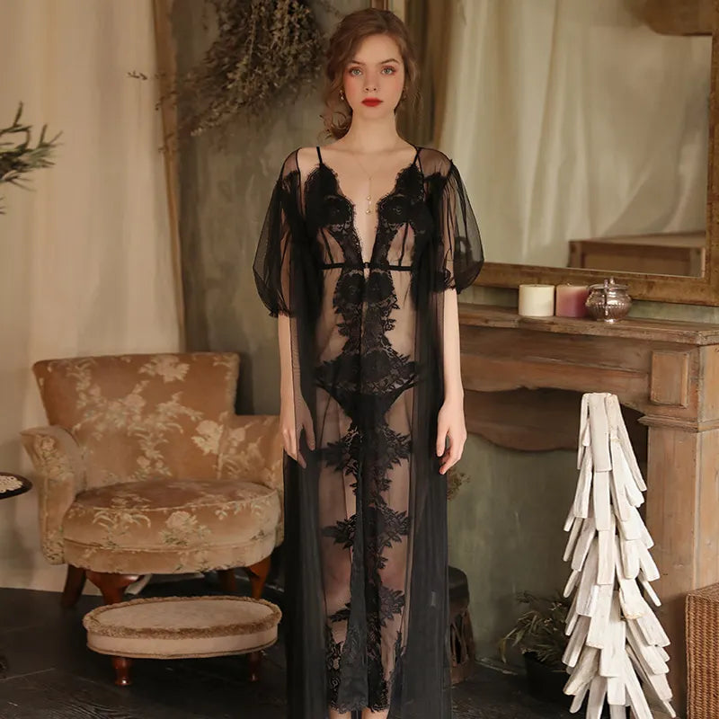 Bossman Bridal Night Dress Lace Babydoll Sexy Lingerie Babydoll with Sheer Robe Nightdress Sleepwear