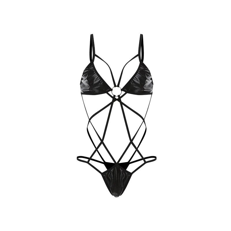 BOSSMAN Women Hollow Out Leather Strappy Bondage Bodysuit Onesie Sexy Lingerie