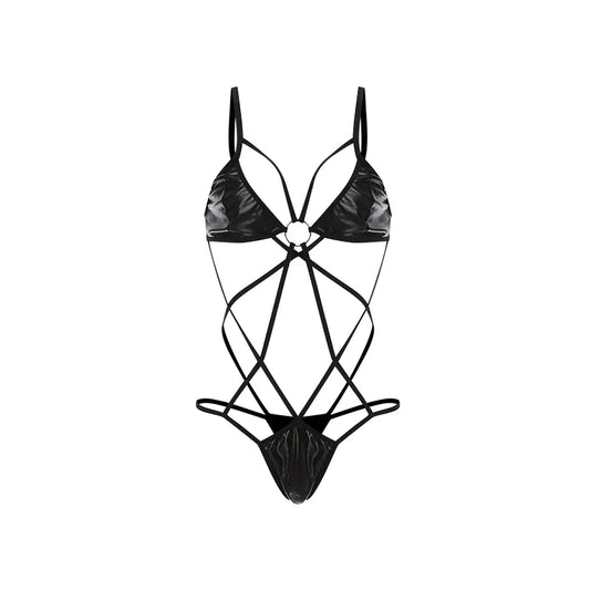 BOSSMAN Women Hollow Out Leather Strappy Bondage Bodysuit Onesie Sexy Lingerie