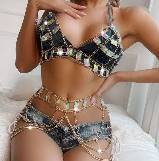 Bossman Wholesale sexy Women Hollow Out Erotic metal waist chain jeans simple sexy girl suit outwear
