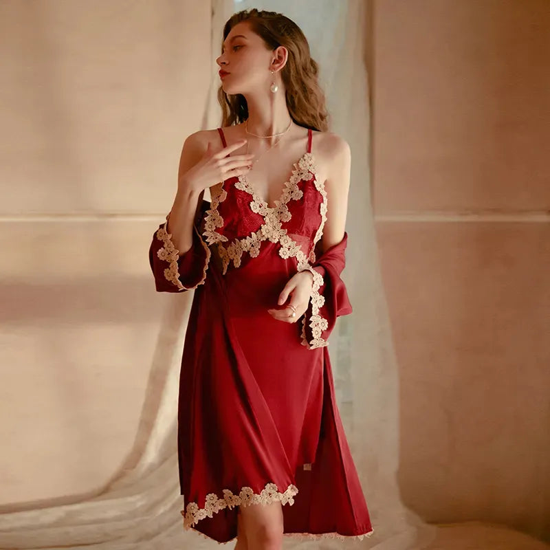 Bossman Hot Lounge Wear Women Kimono Silk Satin French Lace Ladies Night Robe superlatives looking and wearing
