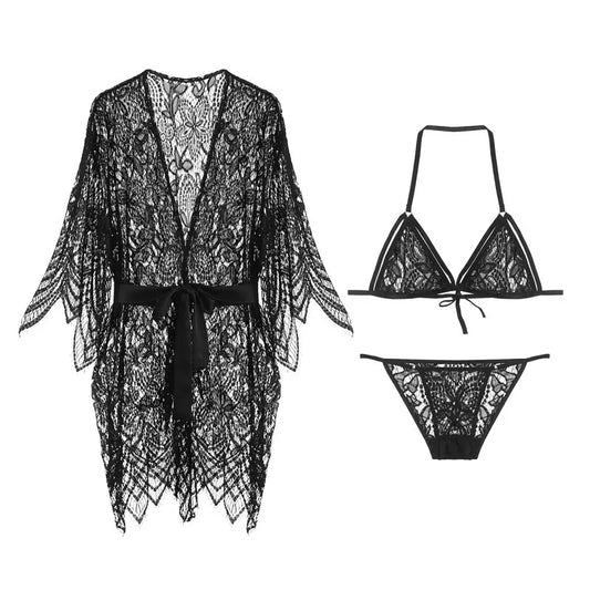 Sexy Lace Hollow Out Transparent Wave Condole Belt Sexy Underwear Pyjamas Nightgown Three-point Type Household Nightgown