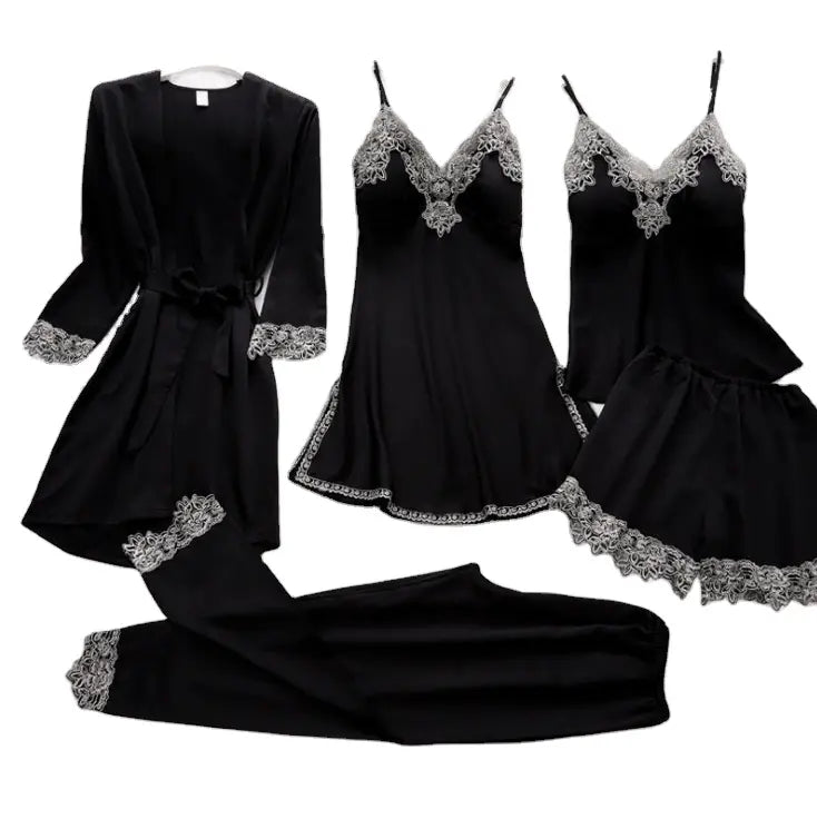 Bossman Five Pieces Women Satin Lace Mesh Sleepwear Homewear Nightwear Pyjamas Set Leisure Wear Sleepwear