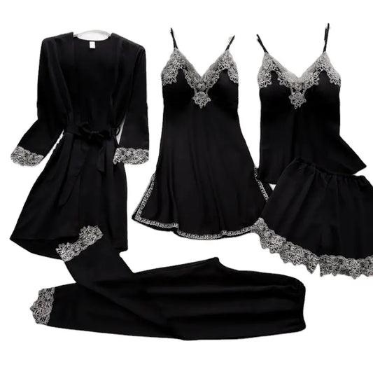 Bossman Five Pieces Women Satin Lace Mesh Sleepwear Homewear Nightwear Pyjamas Set Leisure Wear Sleepwear