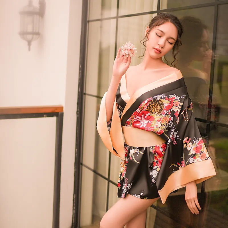 Bossman Wholesale Japanese Kimono Cherry Blossom Women Bathrobe Sexy Sleepwear Night Robe Set