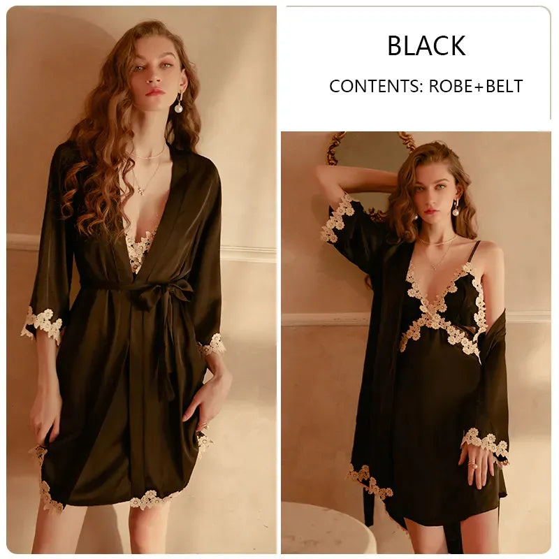 Bossman Hot Lounge Wear Women Kimono Silk Satin French Lace Ladies Night Robe superlatives looking and wearing