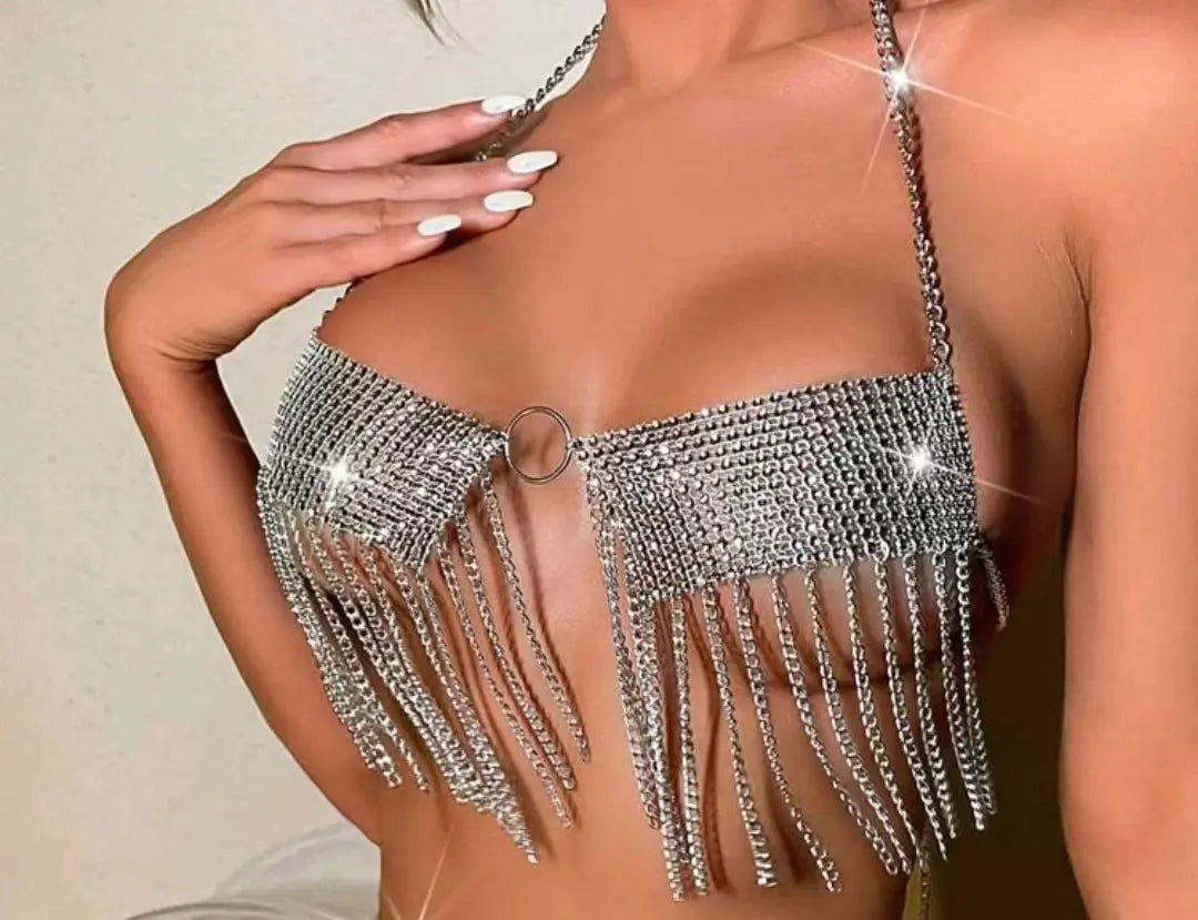 Hot selling rhinestone inlaid with diamond fabric tassel chain sexy outerwear halter top and ultra short vest skirt suit