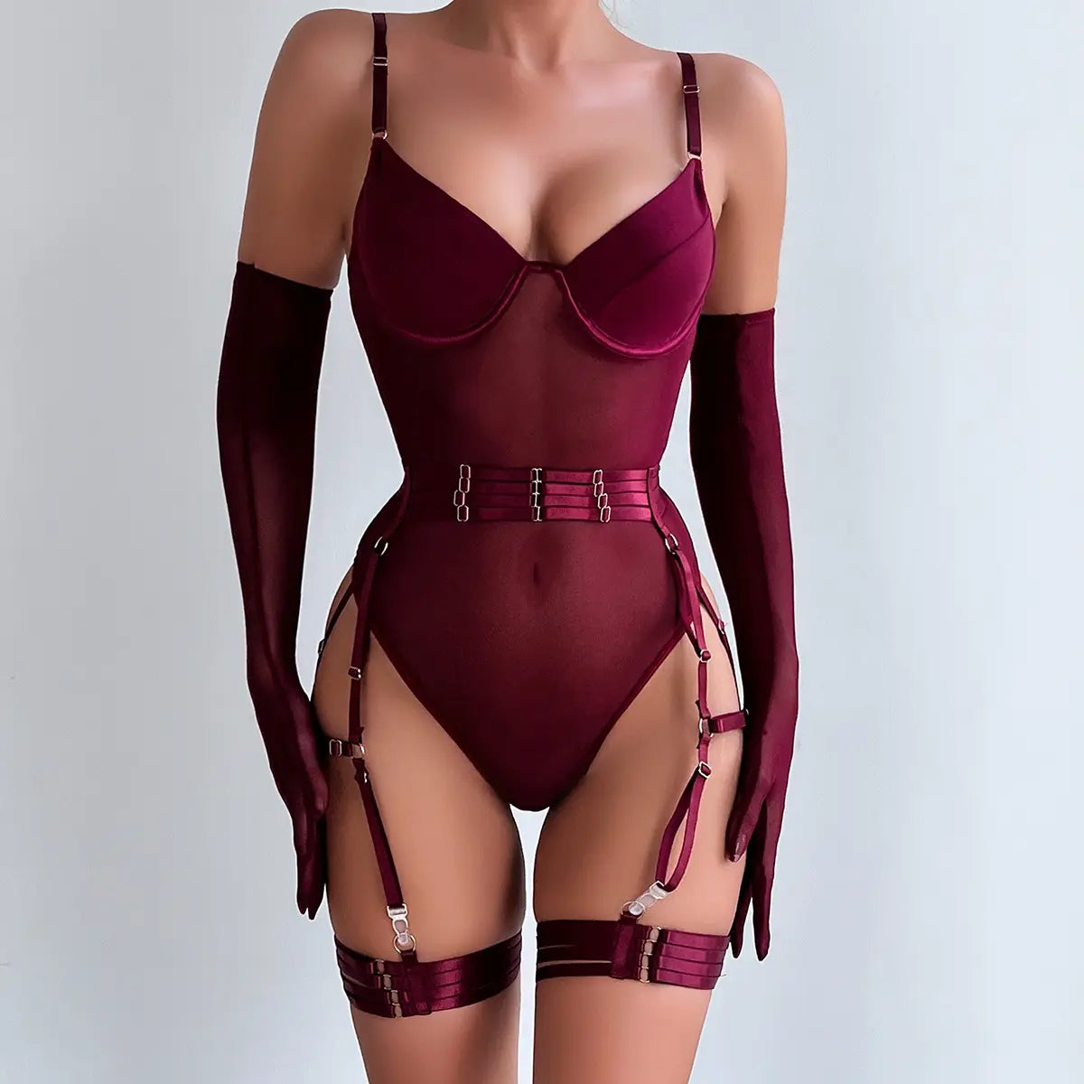 Bossmay Wholesale Hot Sale 2024 Women Sexy Underwear Exotic Mesh Lace Bandage Transparent Luxury Bodysuit Lingerie with Gloves