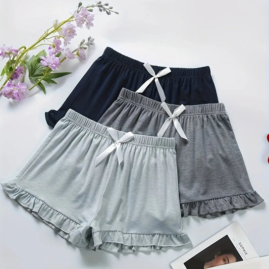 3 Packs Lettuce Trim Bow Decor Shorts Casual Shorts For Spring & Summer Women's Clothing short pants home wear shot pants