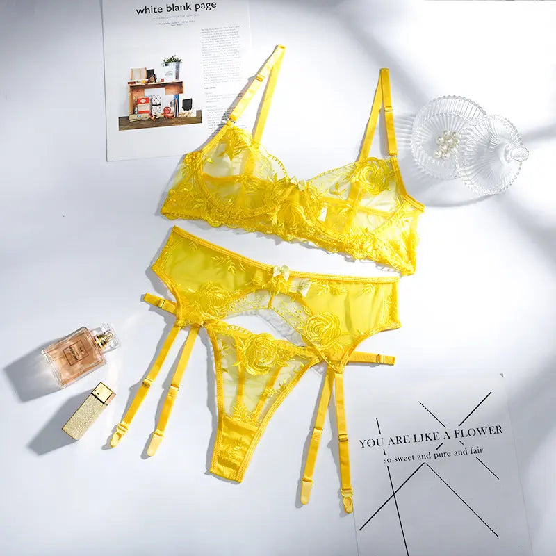 BOSSMAN Embroidery Sexy Lingerie Floral Bra Underwear Women 3 PieceTransparent Lace Erotic Lingerie Set