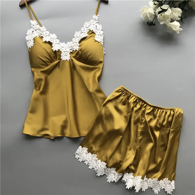 Bossman Female Sleeveless Satin camisole Pajama Set Sleepwear For Women Cute Cartoon Print Sexy Tank Shorts Camisole