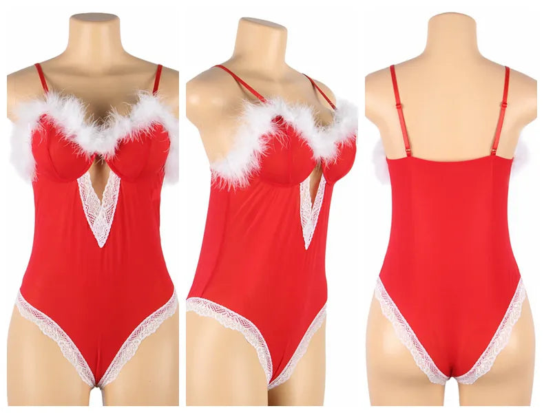Bosmay Hot Sale 3PCS Velvet Bodysuit with Feather Trimming women Sexy Christmas Lingerie