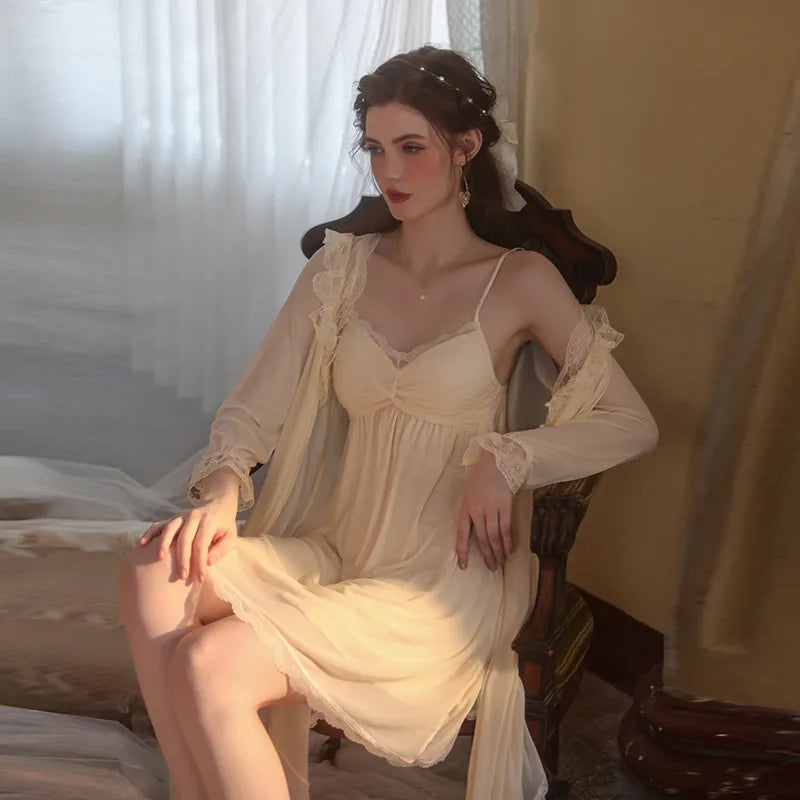 Bossman Sexy Solid Color Have Breast Cushion Pajamas Mesh Long Slip Nightdress Robe Home Suit Set
