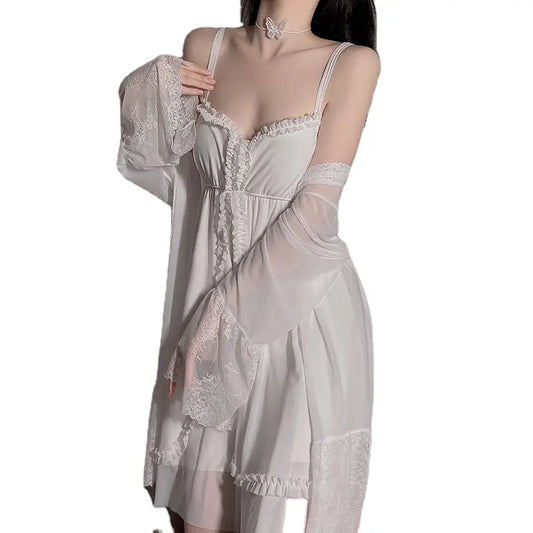 Bossman Luxury Lounge Wear Women Snow White Flounce Sweet Slips And Night Robe Set