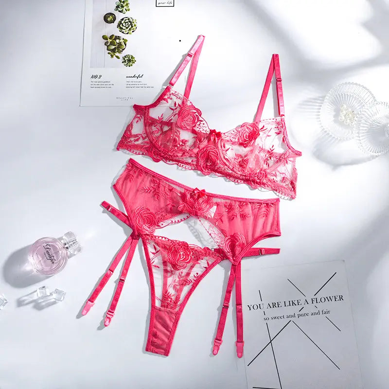 BOSSMAN Embroidery Sexy Lingerie Floral Bra Underwear Women 3 PieceTransparent Lace Erotic Lingerie Set