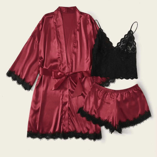 Bossman High Quality Women's 3pcs Satin Sleepwear Floral Lace Trim Cami Top and Shorts Pajama Sexy Women three Piece Pajamas Set