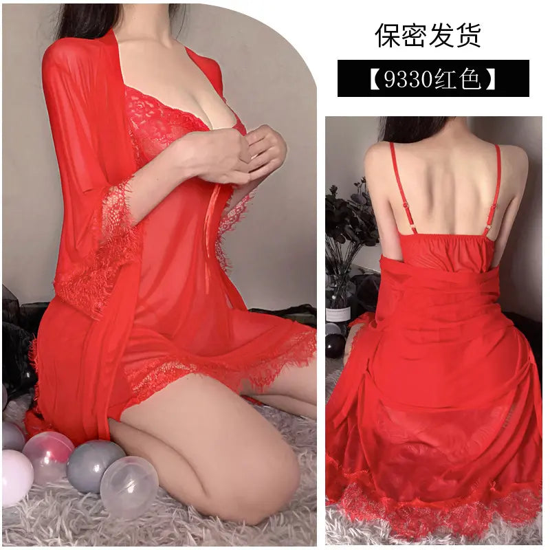 Bossman Hot sale sexy lingerie set new lace dressing gown set slip dress long sleeve robe set lingeries womens sexy underwear