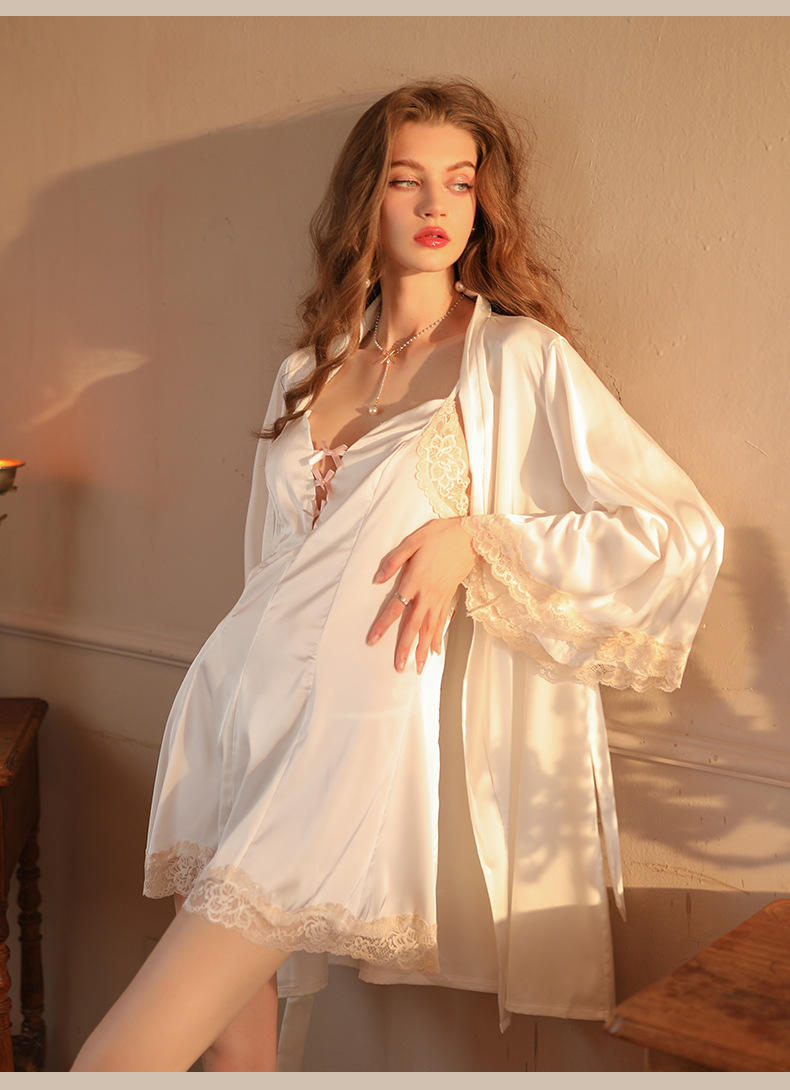 Bossman European American Premier Night Robe Women no Sleeve Night Gown Lace Satin Sleep dress