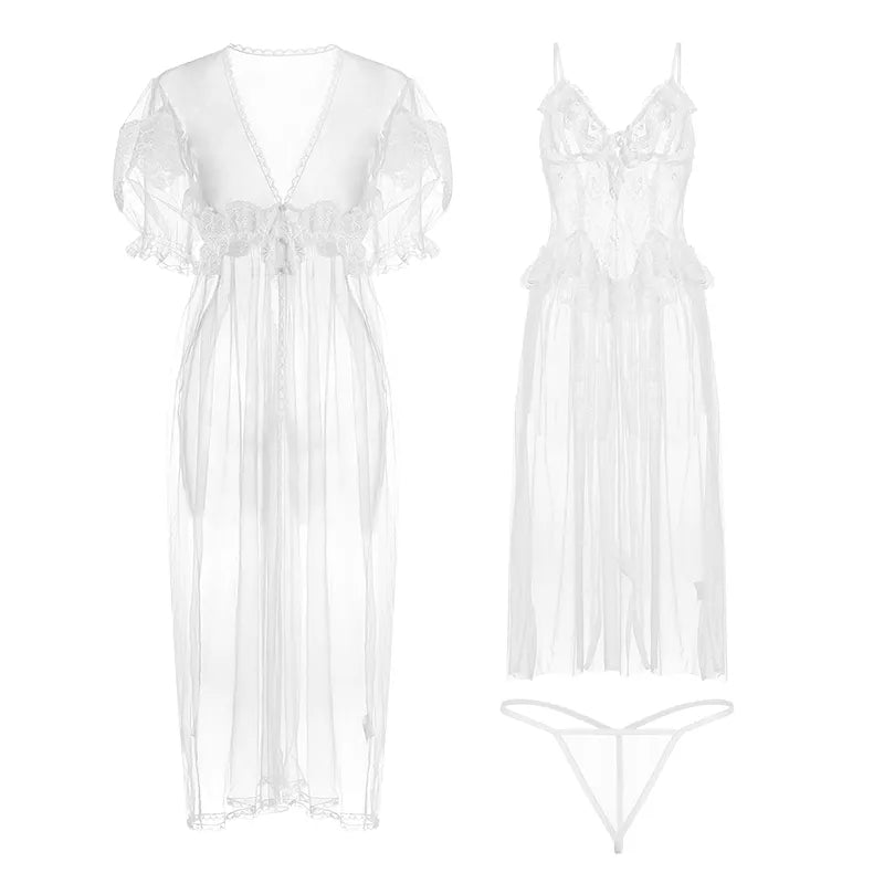 Bossman Euro- America Court Style White Flounce Lace Slips And Night Gown Lounge Wear Set
