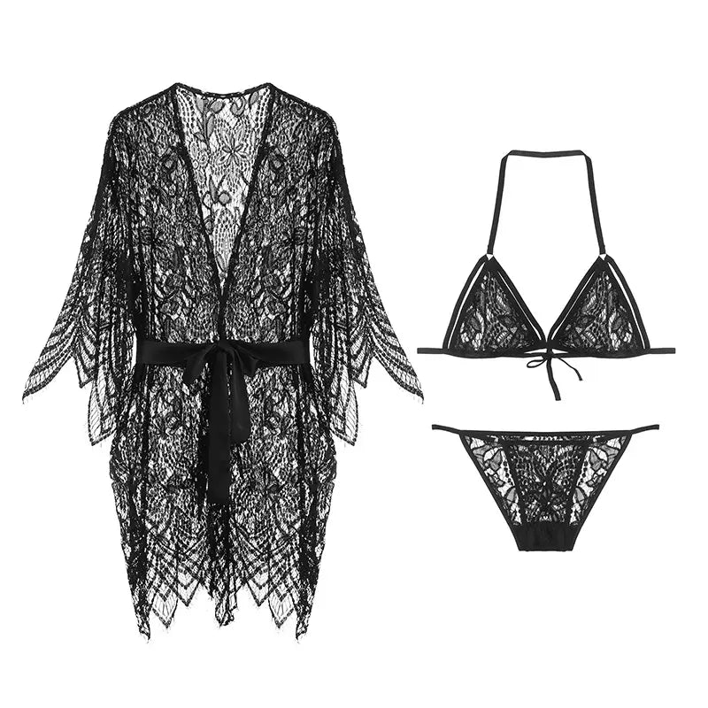 Bossman sleepwear women hollow out sheer mesh bra honeymoon lace kimono robe nighties see through sexy lingerie