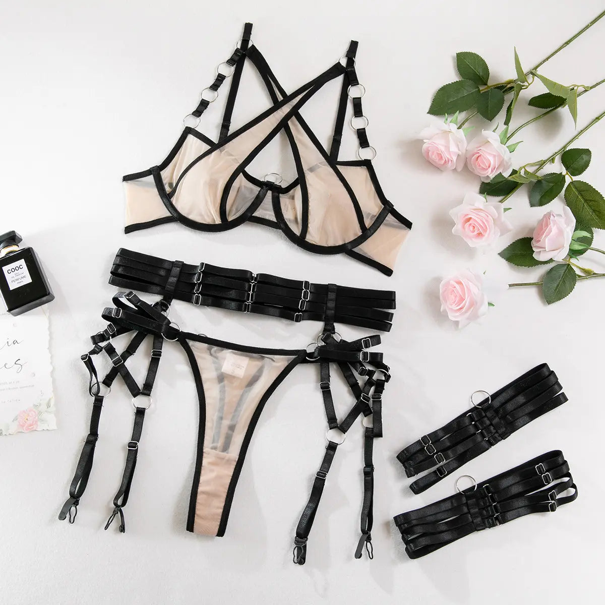 Bossman Wholesale Sexy Nude Mesh Crisscross Boob Bra Set with Leg Ring Hot Girls Women Harness Bondage Garter belt lingerie set