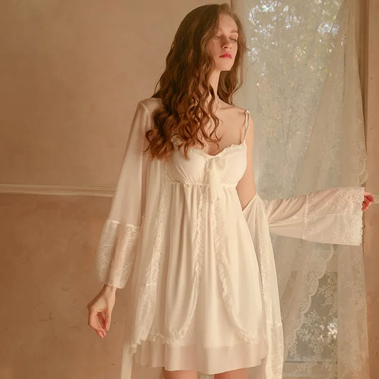 BOSMAY Euro- America luxury lounge wear women snow white flounce sweet night robe Valentines day gift