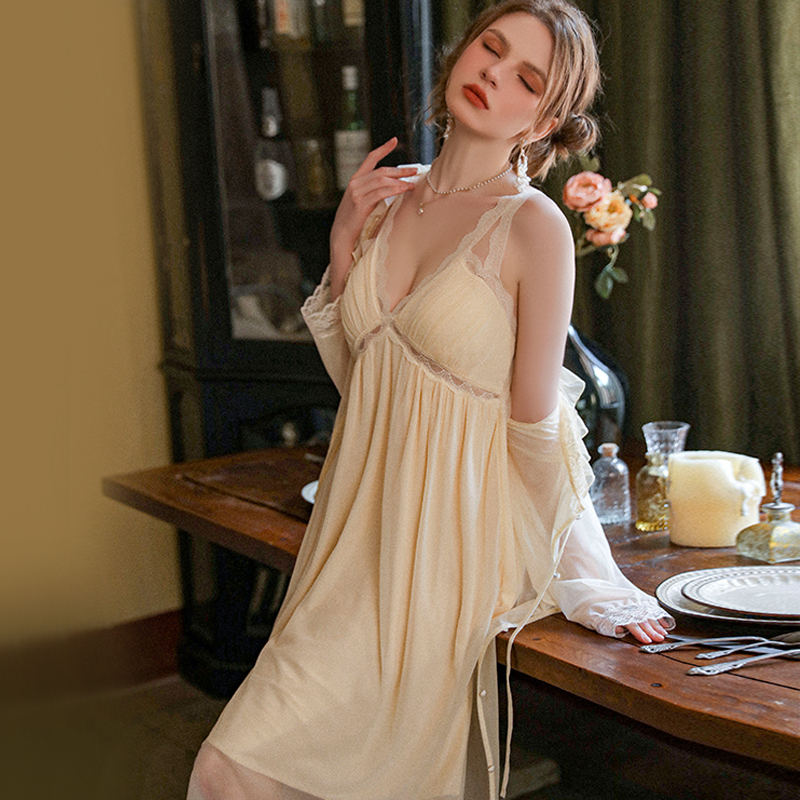 Bossman French Gauze Patchwork Lace Sexy V-neck Have Breast Pad Nightdress Ladies Pure Desire Home Dress Set