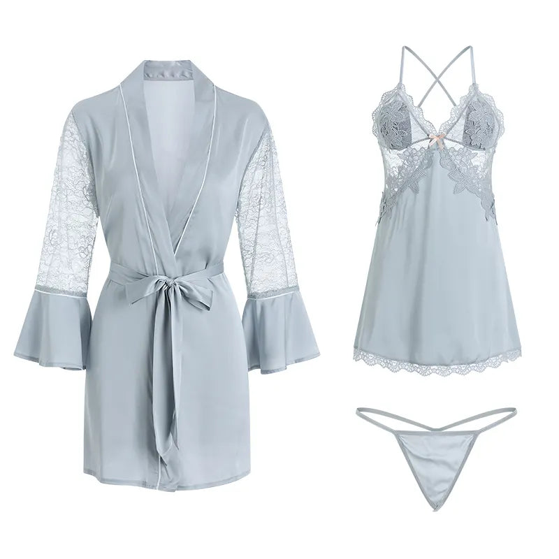 Bossman Women Lace Satin Deep V Slip Night Dress Bathing Robe Lounge Wear Set