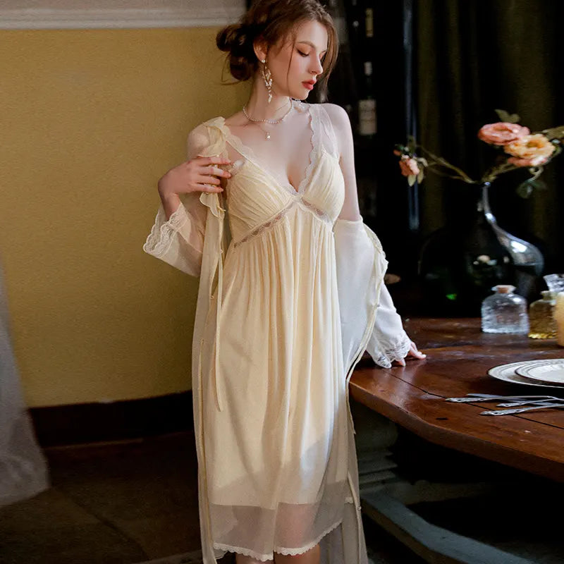Bossman French Gauze Patchwork Lace Sexy V-neck Have Breast Pad Nightdress Ladies Pure Desire Home Dress Set