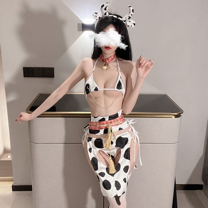 BOSMAY Sexy lingerie cartoon sweet cow print three-point maid costume set BSM1267
